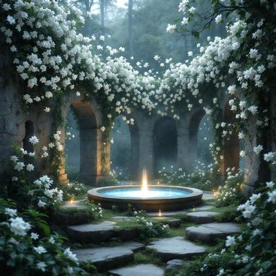 Primary subject: A beautiful garden with a fountain and a pool of water surrounded by white flowers.

Setting/background: The garden is set in a forest, with trees and greenery surrounding the fountain and pool.

Visual style: The image is a digital artwork, featuring a detailed and intricate design.

Colors and mood: The garden is predominantly white, with the flowers adding a touch of color. The overall atmosphere is serene and peaceful.